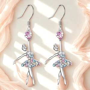 New Ballerina Earrings Crystal Dangle Balletcore Dance Pink Heart Gift Jewelry